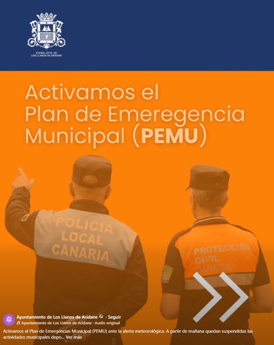 El Ayuntamiento de Los Llanos de Aridane mantiene activado el PEMU ante la previsión de lluvias intensas y viento